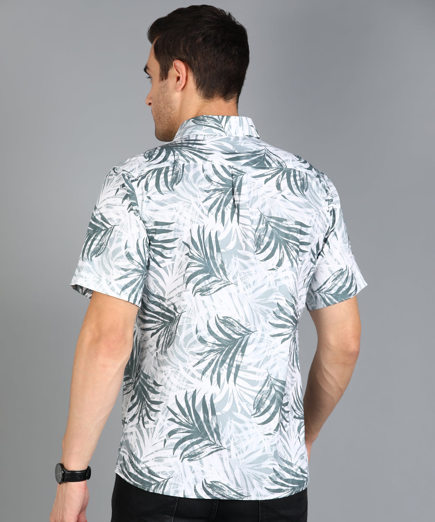 Grey Leaf Printed Half Slim Fit Shirt