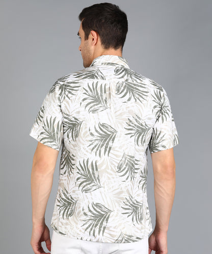 Leaf Printed Off White Half Slim Fit Shirt