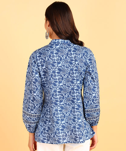 Blue Colored Floral Motif Printed Short Kurti