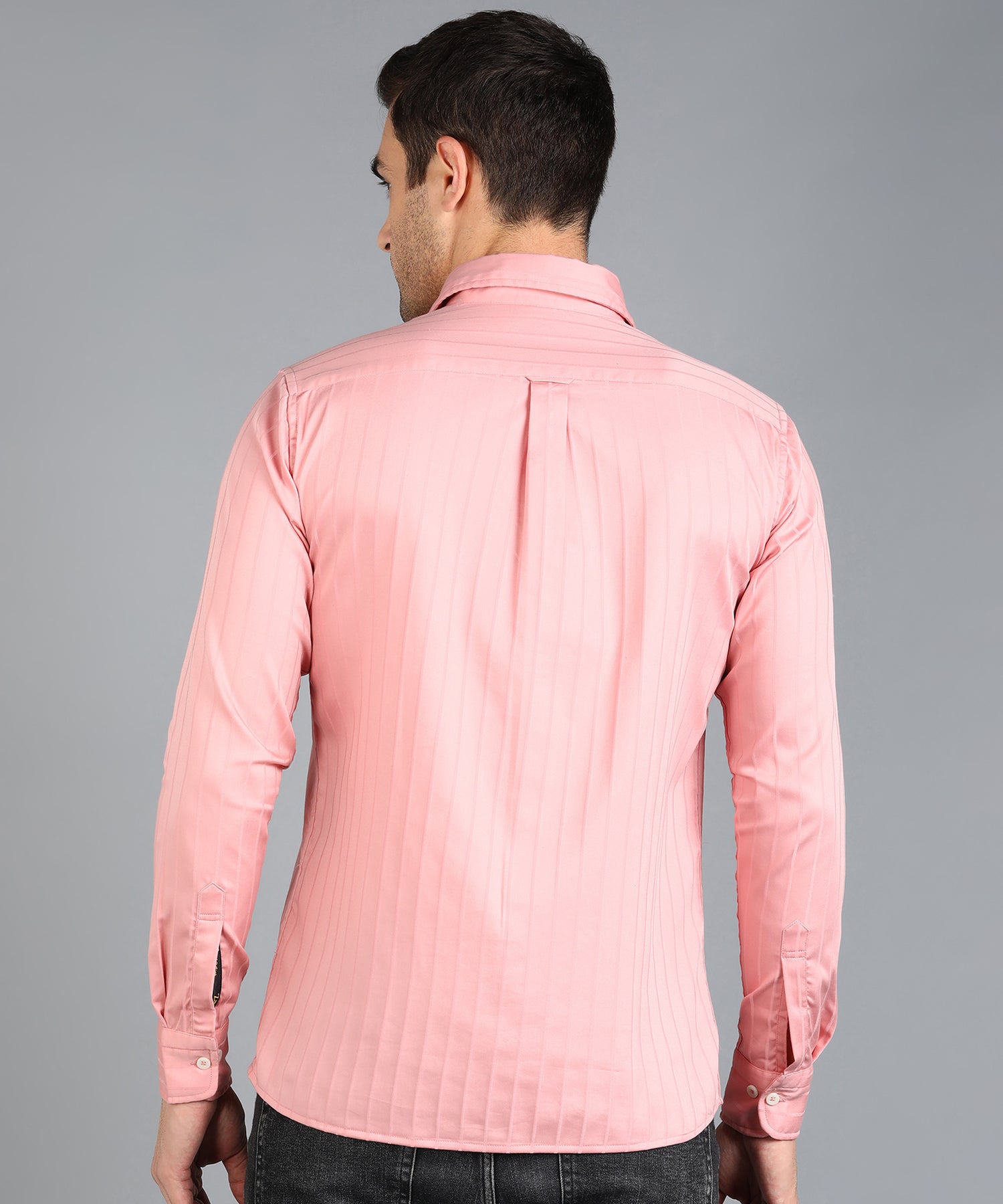 Self Striped Peach Slim Fit Shirt