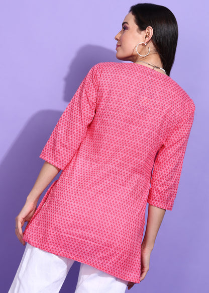 Pink Printed Short Cotton Kurti