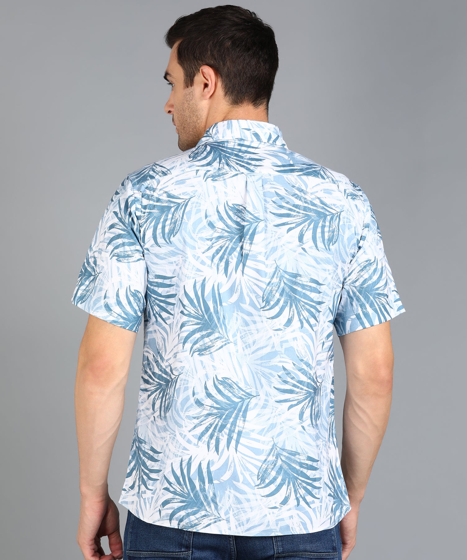 Blue Leaf Printed Half Slim Fit Shirt