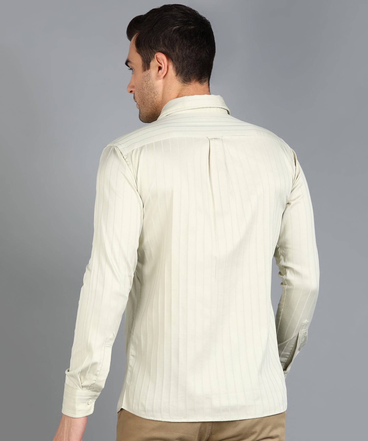 Self Striped Beige Slim Fit Shirt