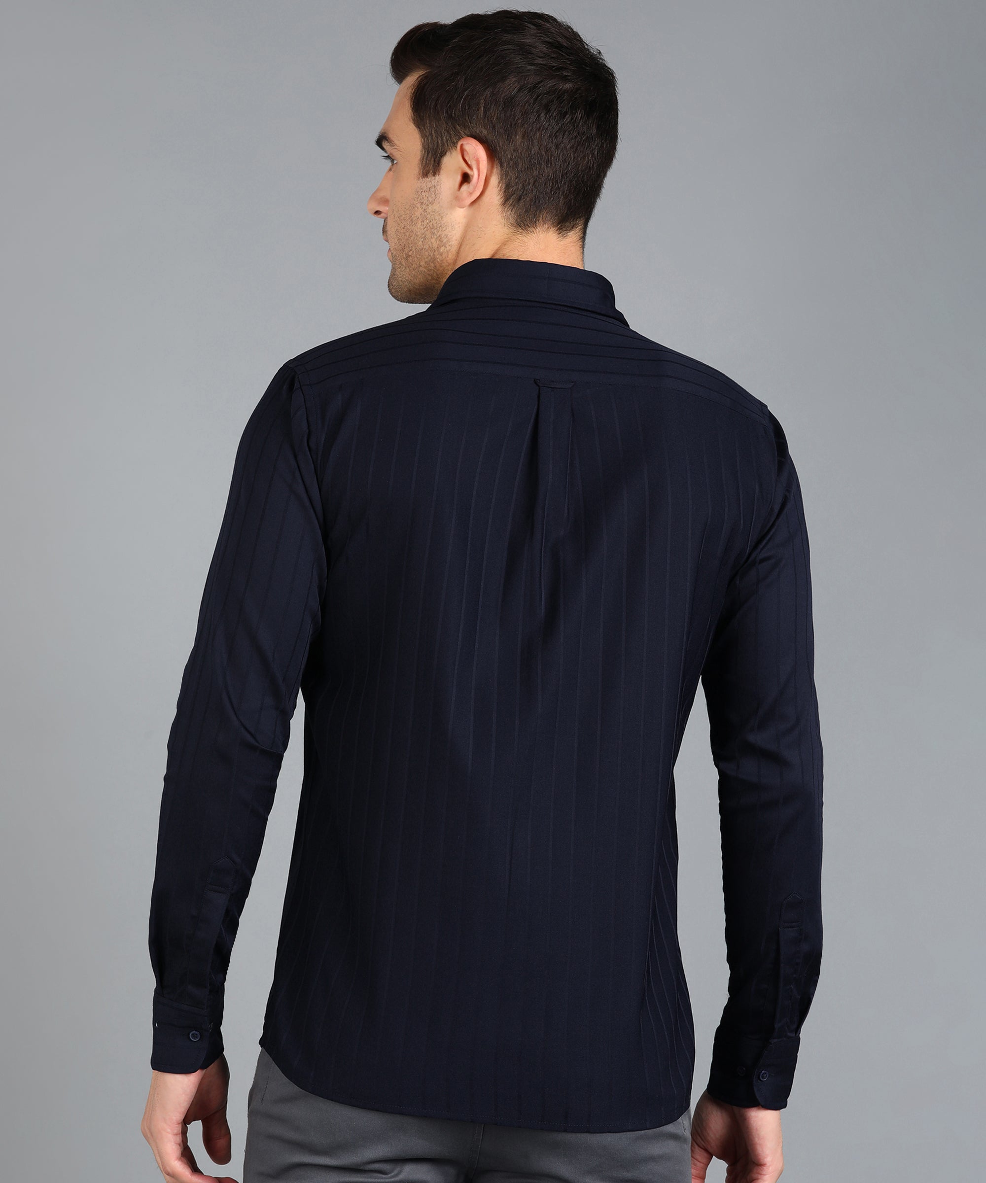 Self Striped Navy Blue Slim Fit Shirt
