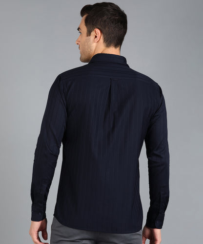 Self Striped Navy Blue Slim Fit Shirt