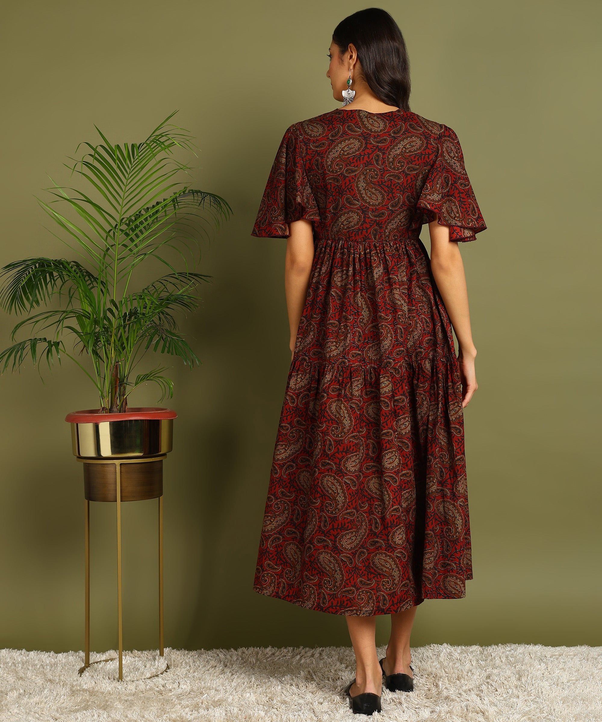 Brown Printed Maternity Wear Midi Dress