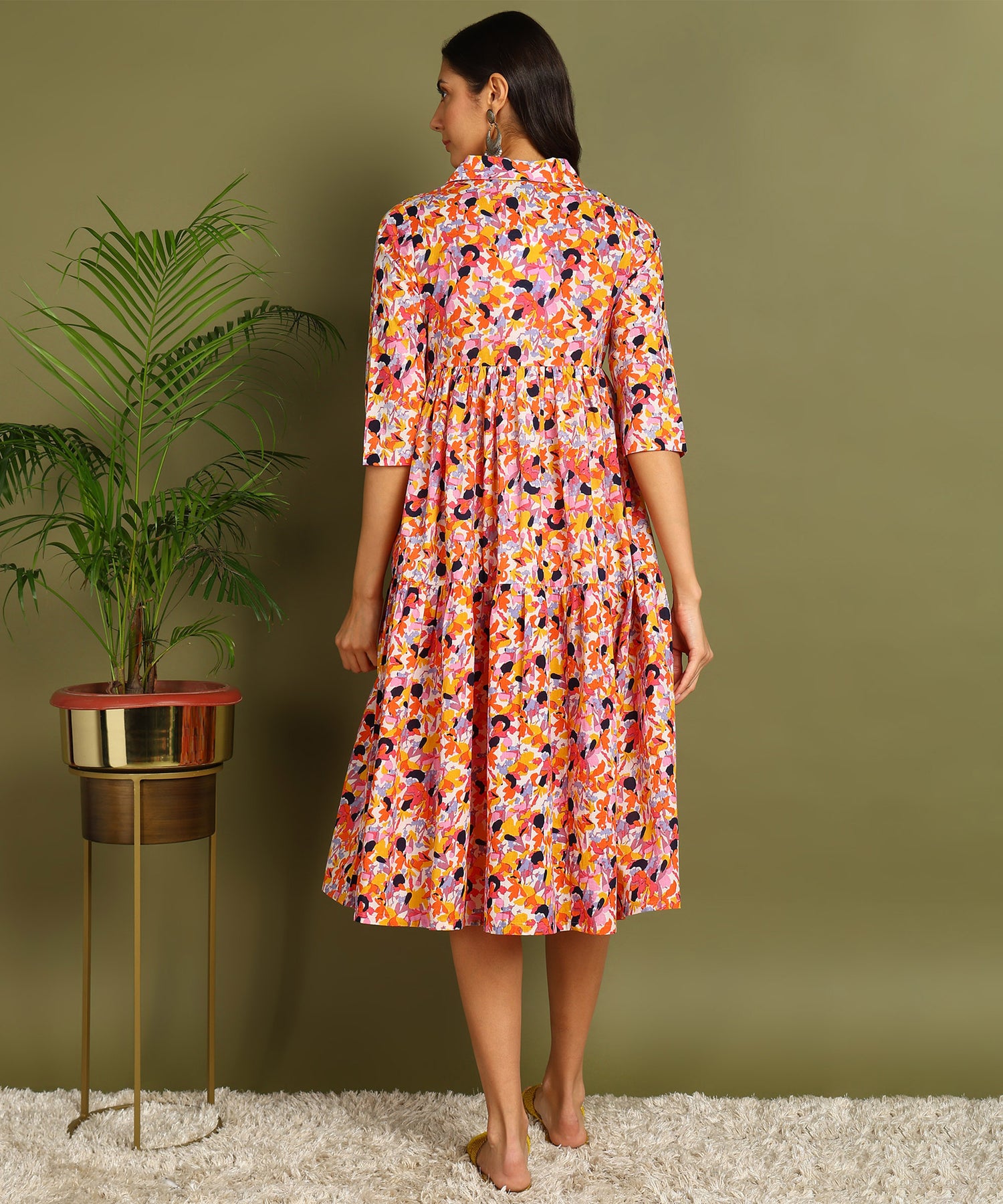 Multicolored Printed Shirt Style Maternity Wear Midi Dress