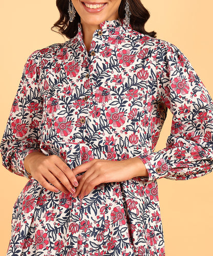 Cream Colored Floral Print Tunic &amp; Pant Set