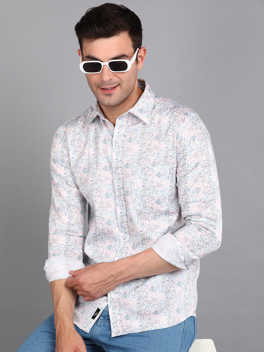 Light Pink Floral Printed Off White Slim Fit Shirt