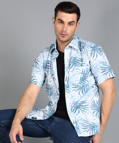 Blue Leaf Printed Half Slim Fit Shirt