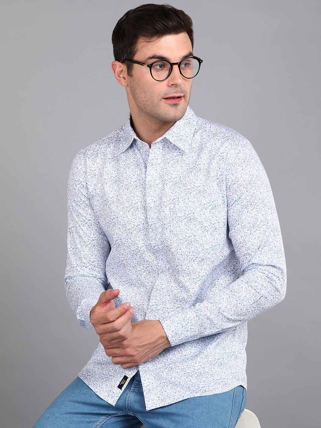Blue Floral Printed Slim Fit Shirt