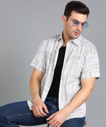 Off White Indian Prints Half Slim Fit Shirt