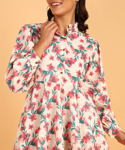 Cream Colored Floral Print Tunic &amp; Pant Set