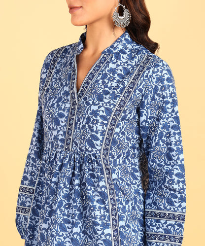 Blue Colored Floral Motif Printed Short Kurti