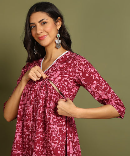 Magenta &amp; Pink Printed Maternity Wear Midi Dress