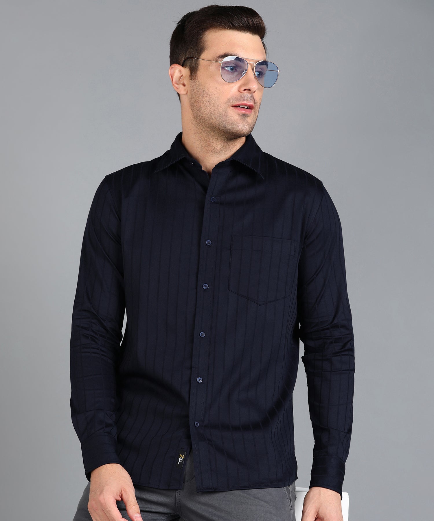 Self Striped Navy Blue Slim Fit Shirt