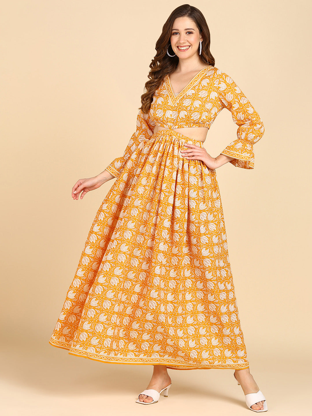 Yellow  Floral Waist Cut-Out Maxi Dress Dress