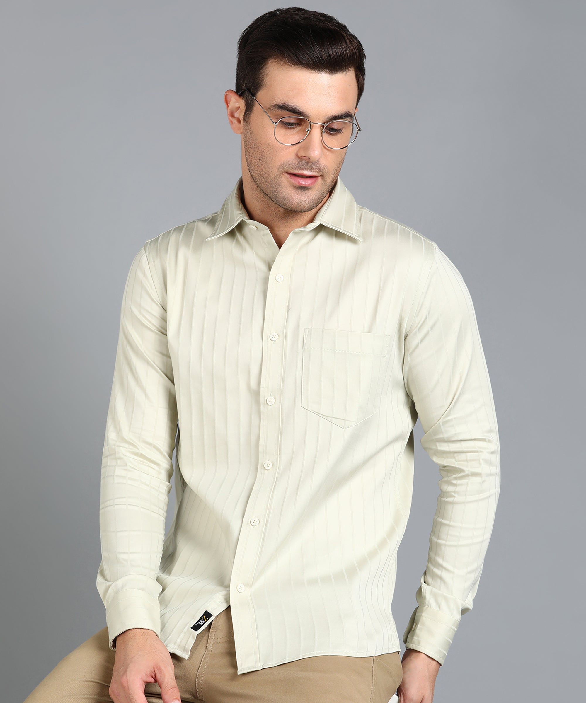 Self Striped Beige Slim Fit Shirt