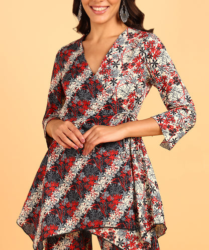Dual Colored Floral Print Front Tie-Up Top &amp; Pant Set