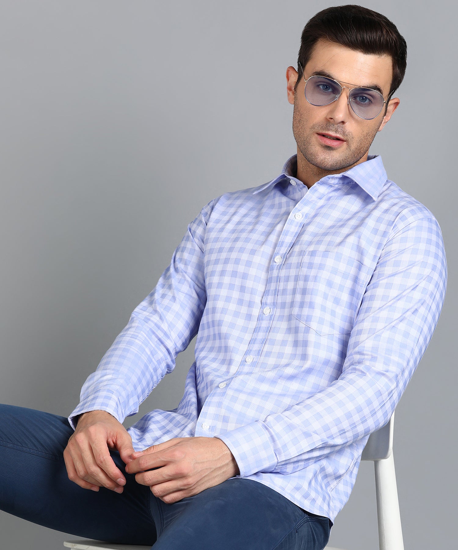 Sky Blue &amp; White Checked Slim Fit Shirt