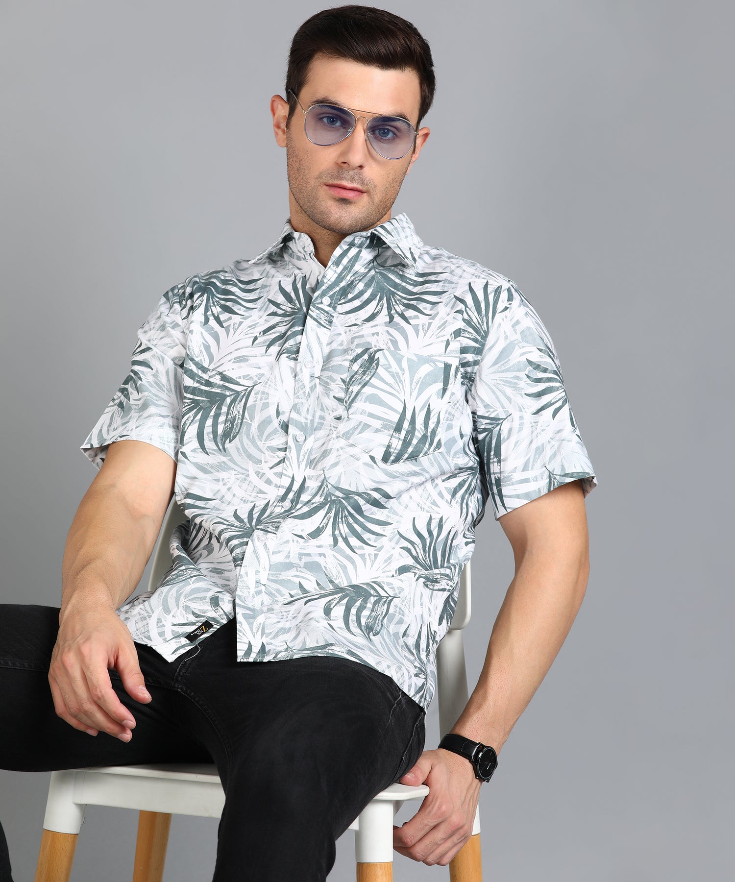 Grey Leaf Printed Half Slim Fit Shirt