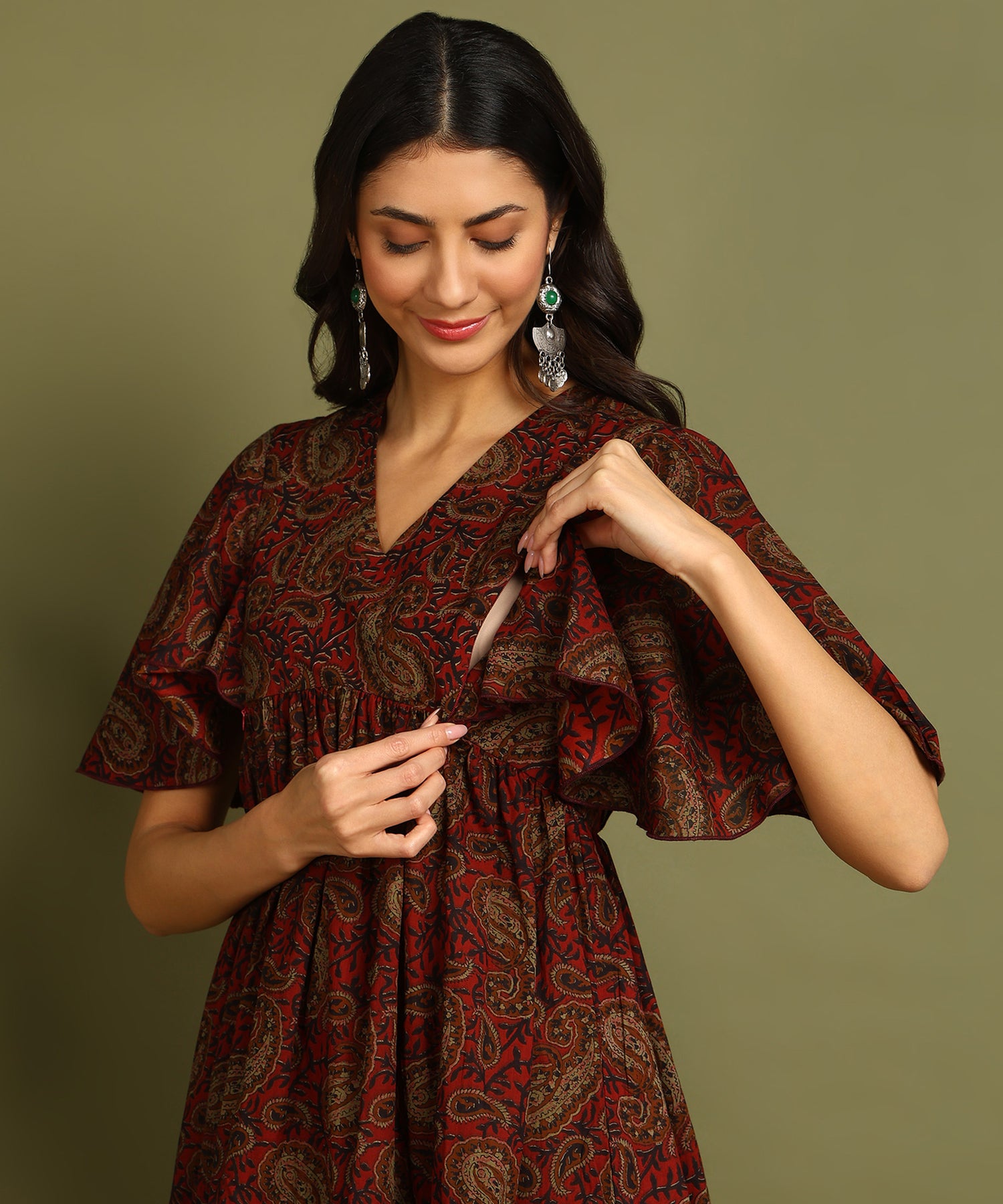 Brown Printed Maternity Wear Midi Dress