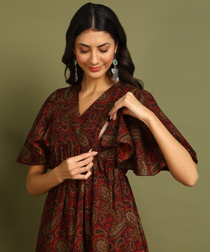 Brown Printed Maternity Wear Midi Dress