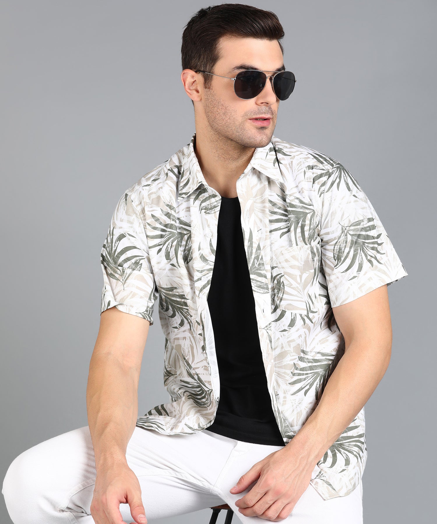 Leaf Printed Off White Half Slim Fit Shirt