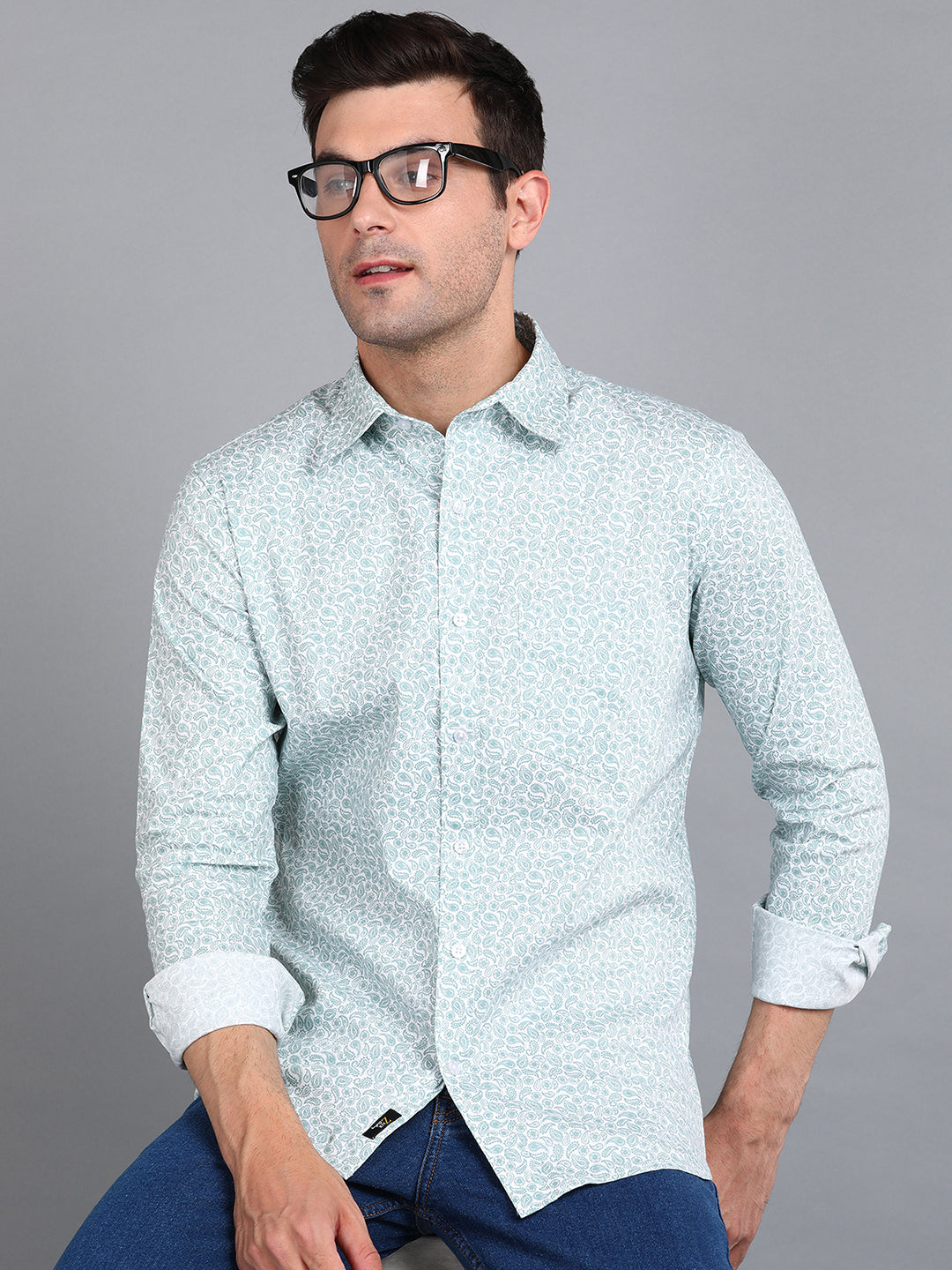 Green Floral Printed Slim Fit Shirt