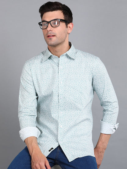 Green Floral Printed Slim Fit Shirt