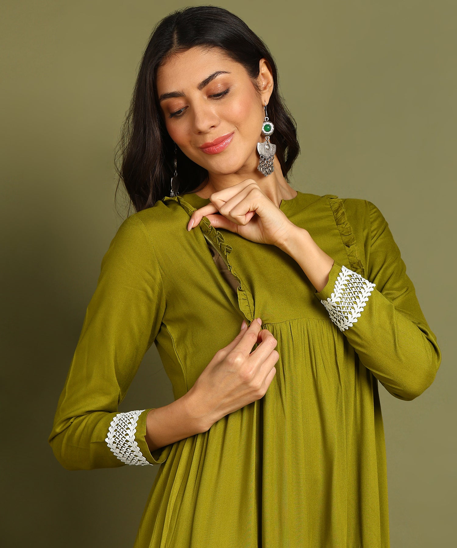 Olive Green Maternity Wear Midi Dress