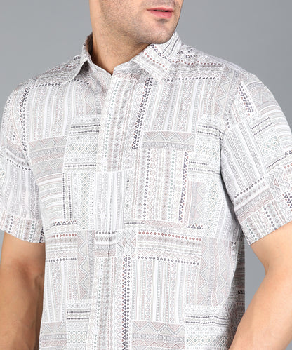 Off White Indian Prints Half Slim Fit Shirt