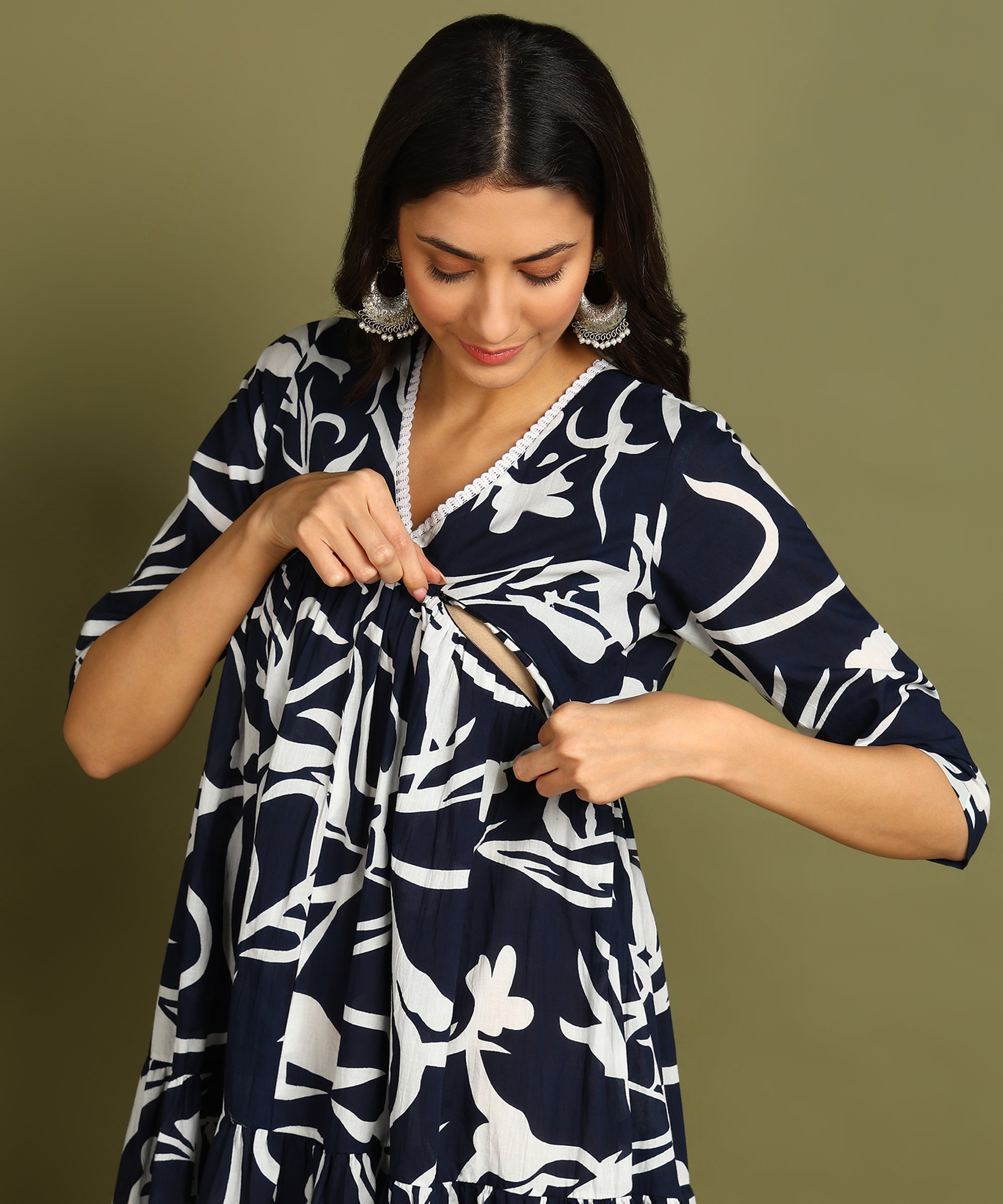 Navy Blue &amp; White Printed Maternity Wear Midi Dress