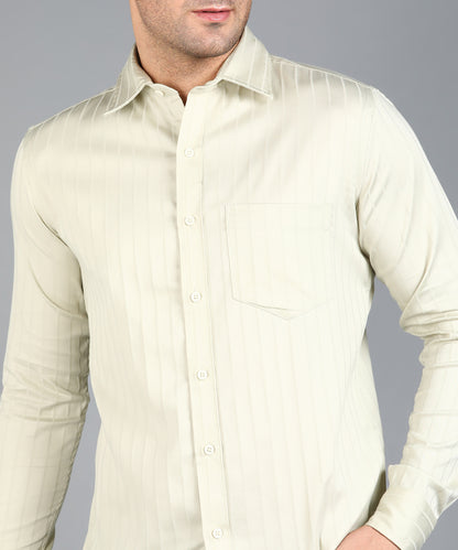 Self Striped Beige Slim Fit Shirt