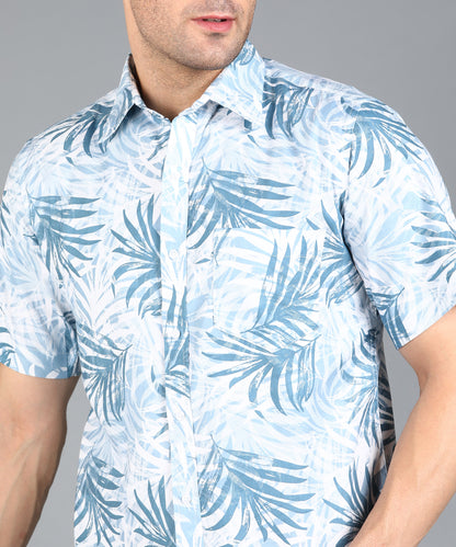Blue Leaf Printed Half Slim Fit Shirt