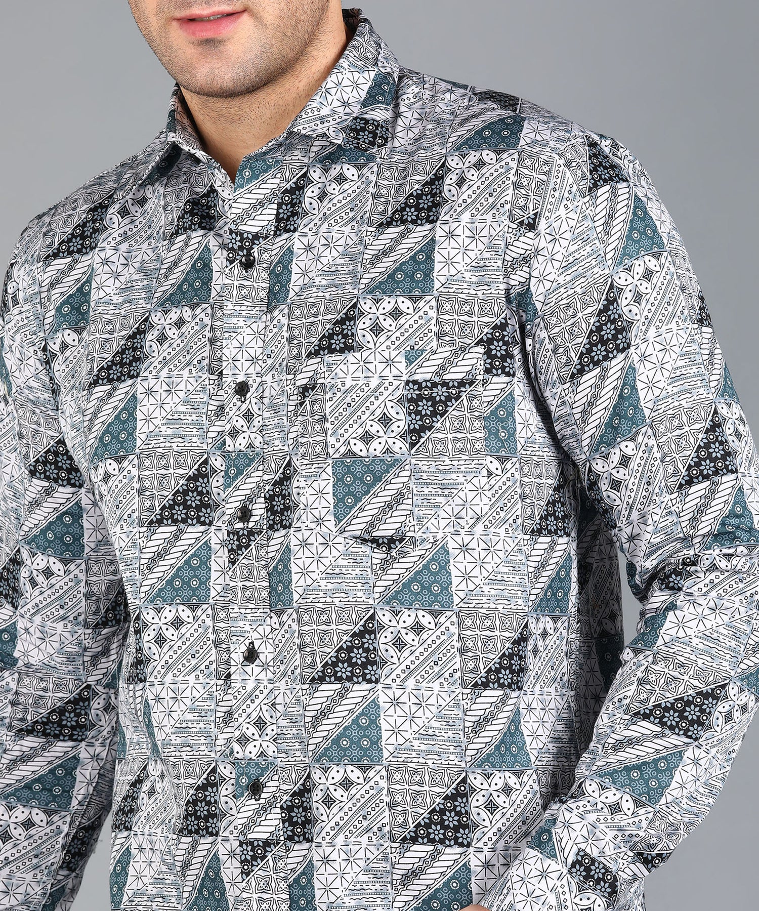 Black &amp; Blue Geomatric Printed Grey Slim Fit Shirt