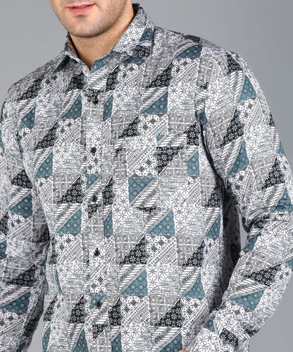 Black &amp; Blue Geomatric Printed Grey Slim Fit Shirt