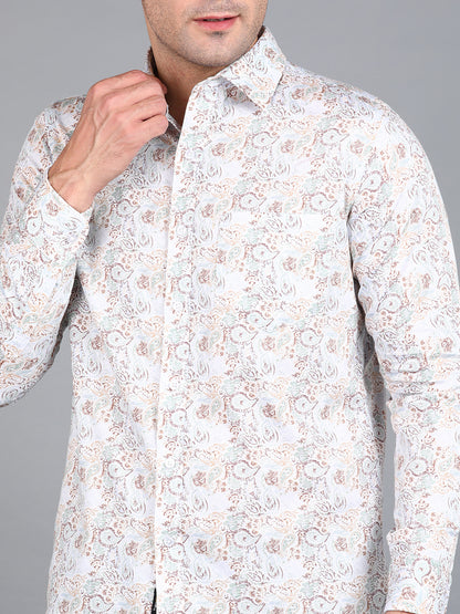 Beige Floral Printed Off White Slim Fit Shirt