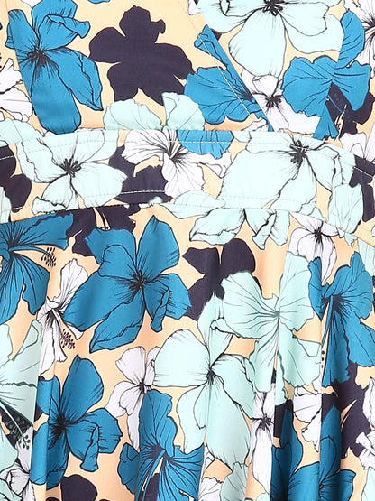Green &amp; Blue Floral Printed flared Dress