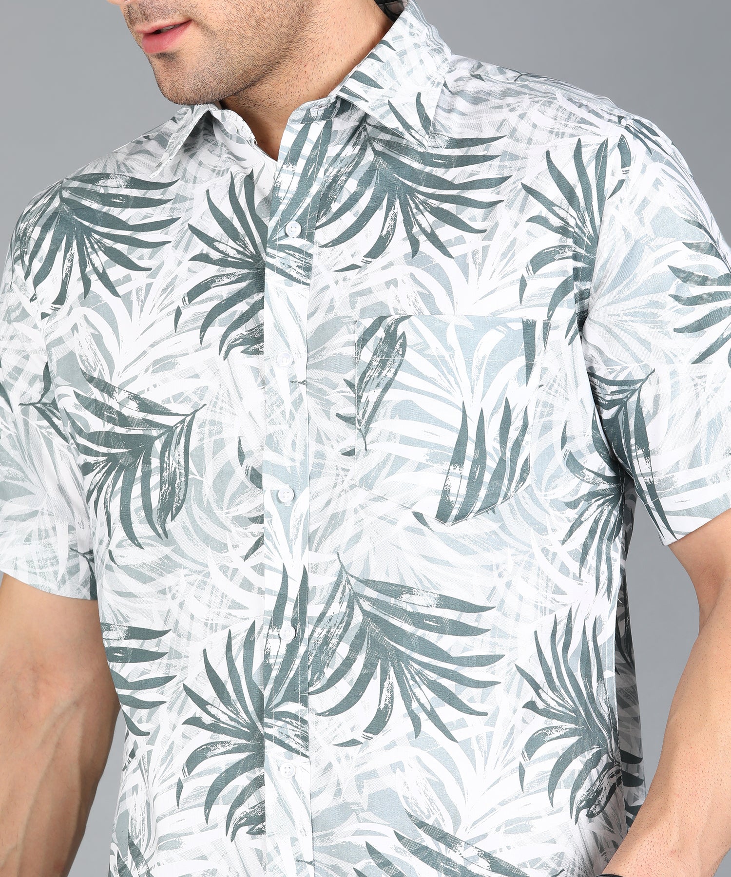 Grey Leaf Printed Half Slim Fit Shirt