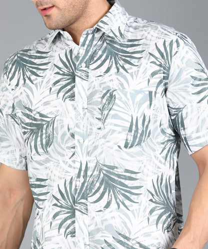 Grey Leaf Printed Half Slim Fit Shirt