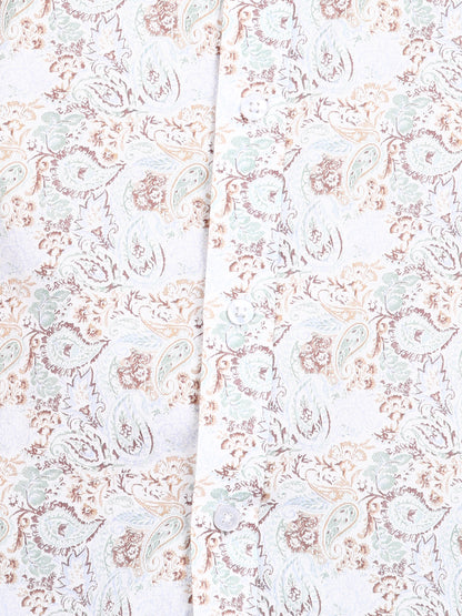 Beige Floral Printed Off White Slim Fit Shirt