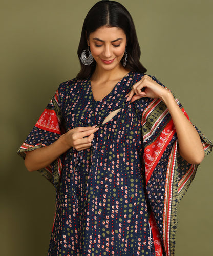 Navy Blue &amp; Red Printed Maternity Wear Kaftan