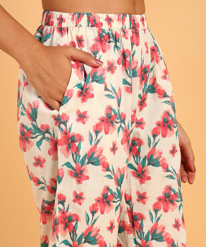 Cream Colored Floral Print Tunic &amp; Pant Set