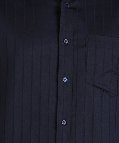 Self Striped Navy Blue Slim Fit Shirt