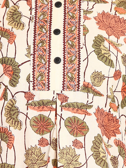 Floral Printed Cream Top With Front Border Deatails
