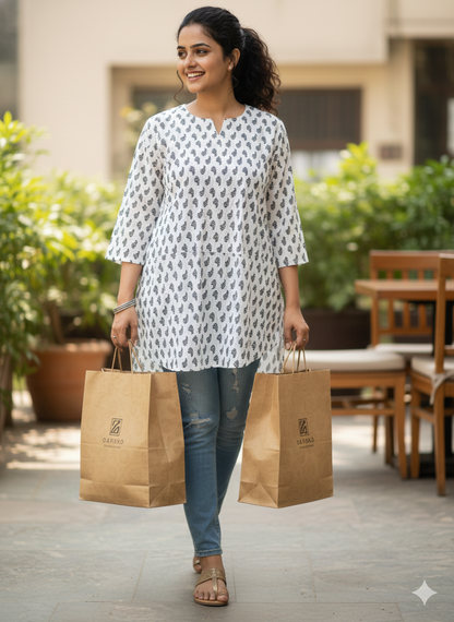 Black printed white short kurti