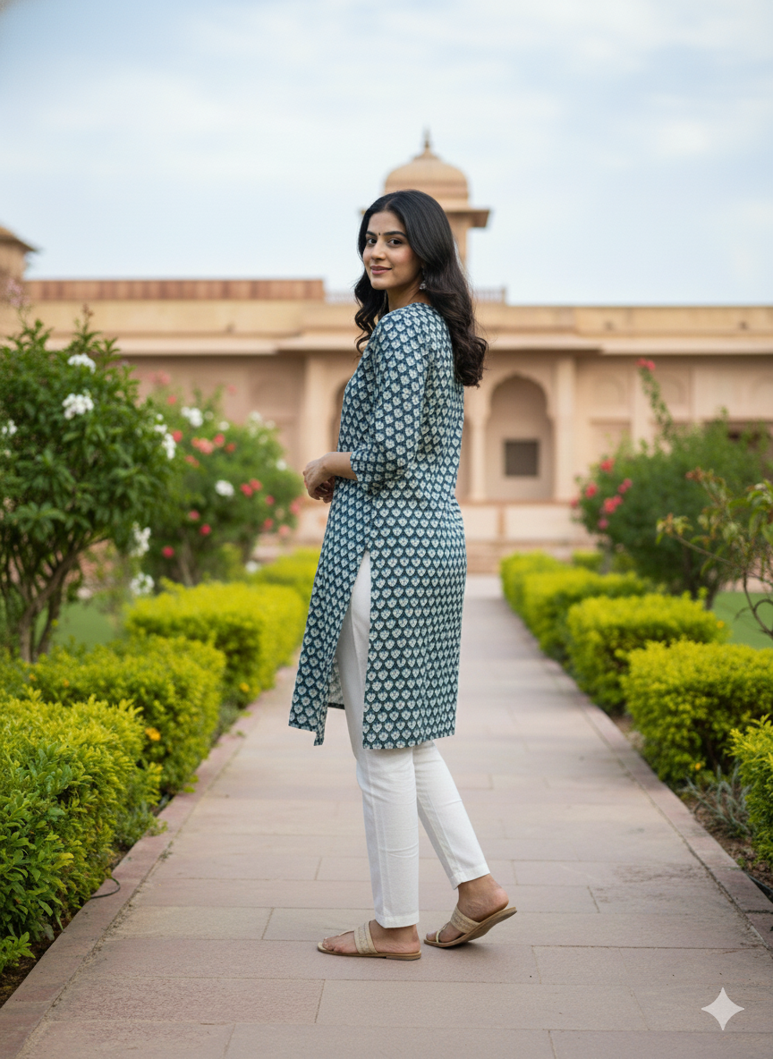 Blue printed cotton kurti