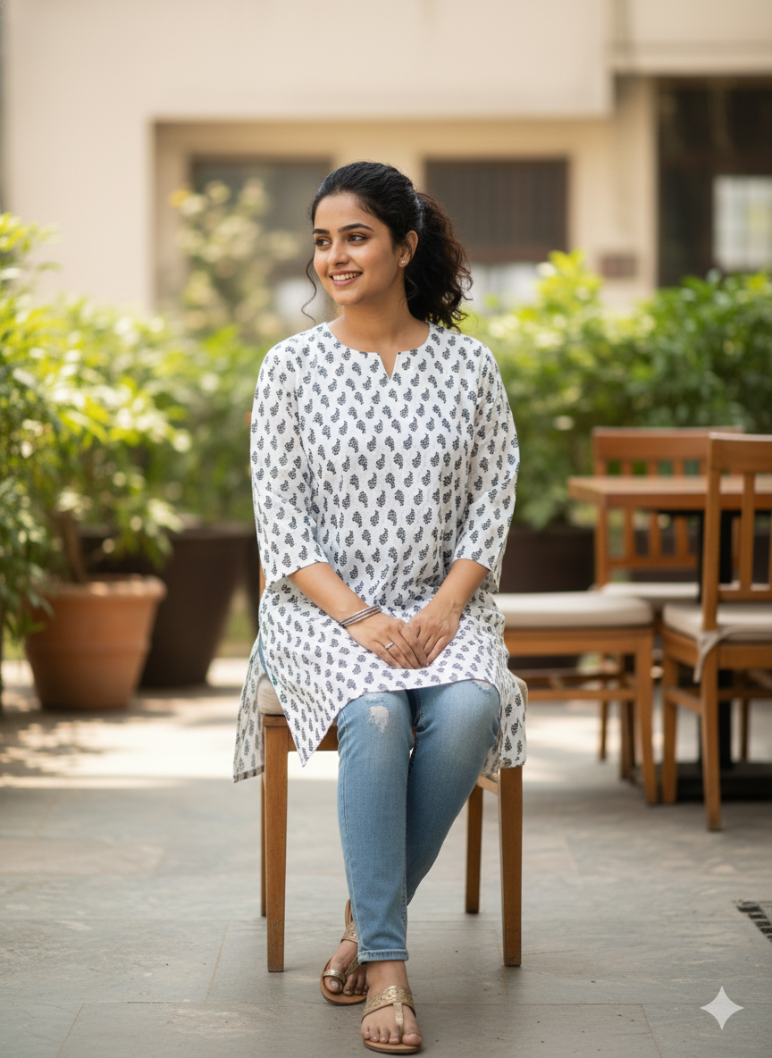 Black printed white short kurti