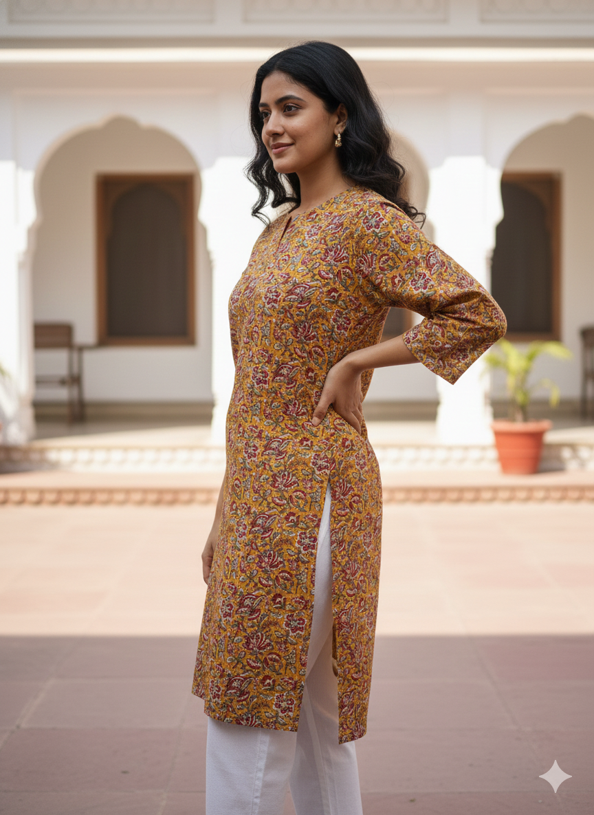 Musturd floral cotton printed short kurti